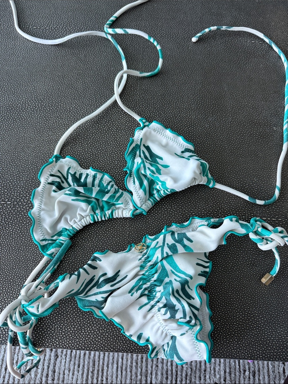 White & Teal Ruffle Triangle Bikini Top and Bottom - Women Swim Bikini